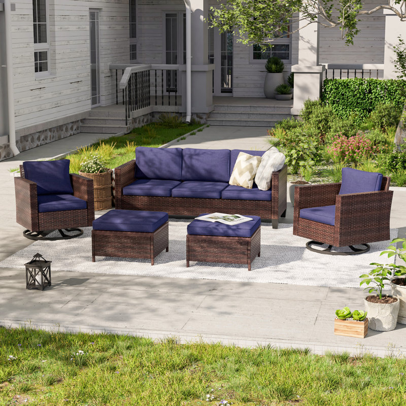 5 - Person Wicker Swivel Rocker Chair Outdoor Seating Group with Cushions, Brown, Navy Blue