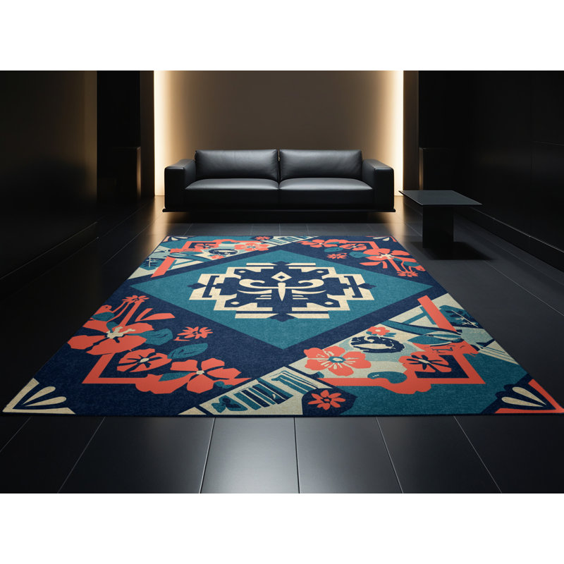 Tapis bleu éclectique Titus Maui lavable à la machine, 5 x 7
