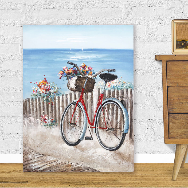 Le vélo sur la plage - peinture sur toile tendue, H 48 po x l 36 po x P 1,5 po