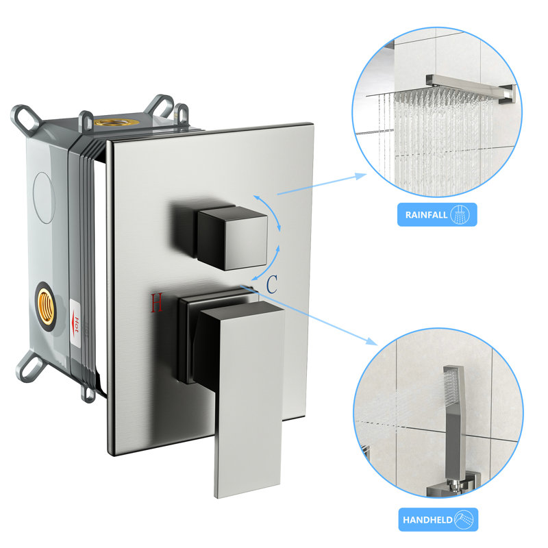 Douche murale en nickel brossé carré de 12 pouces - Barre coulissante réglable, soupape équilibrée et système de composants portatifs