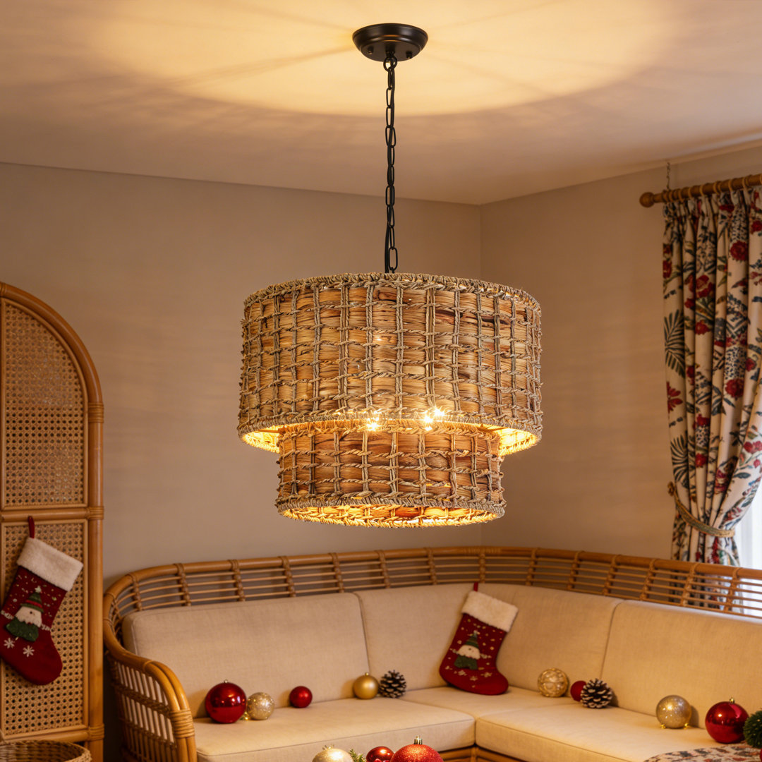 Kaetlin 5 - Light 2-Tier Bohemian Drum Natural Rattan Chandelier-18.9"W x 76"H House of Hampton® Base 