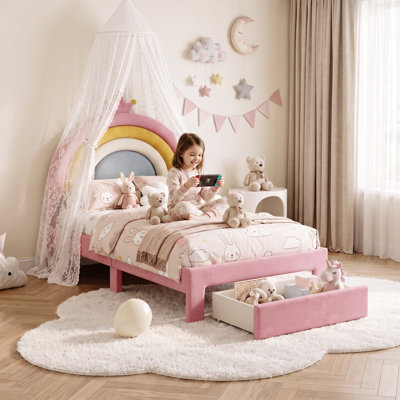 Lit plateforme princesse en velours rose multicolore pour chambre à coucher (taille simple). Revêtement arc-en-ciel, tiroir de rangement sous le lit, sommier non requis.