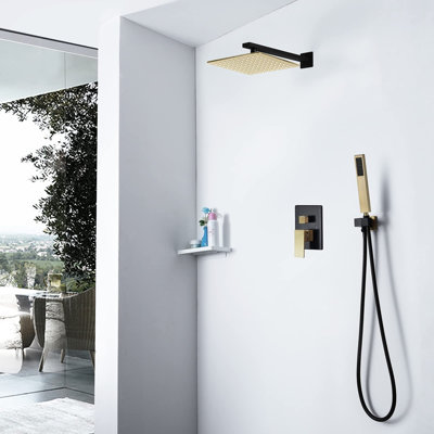 Ensemble de robinet de douche 10 pouces Oihpaw avec système de douche doré et noir brossé avec douche à effet pluie