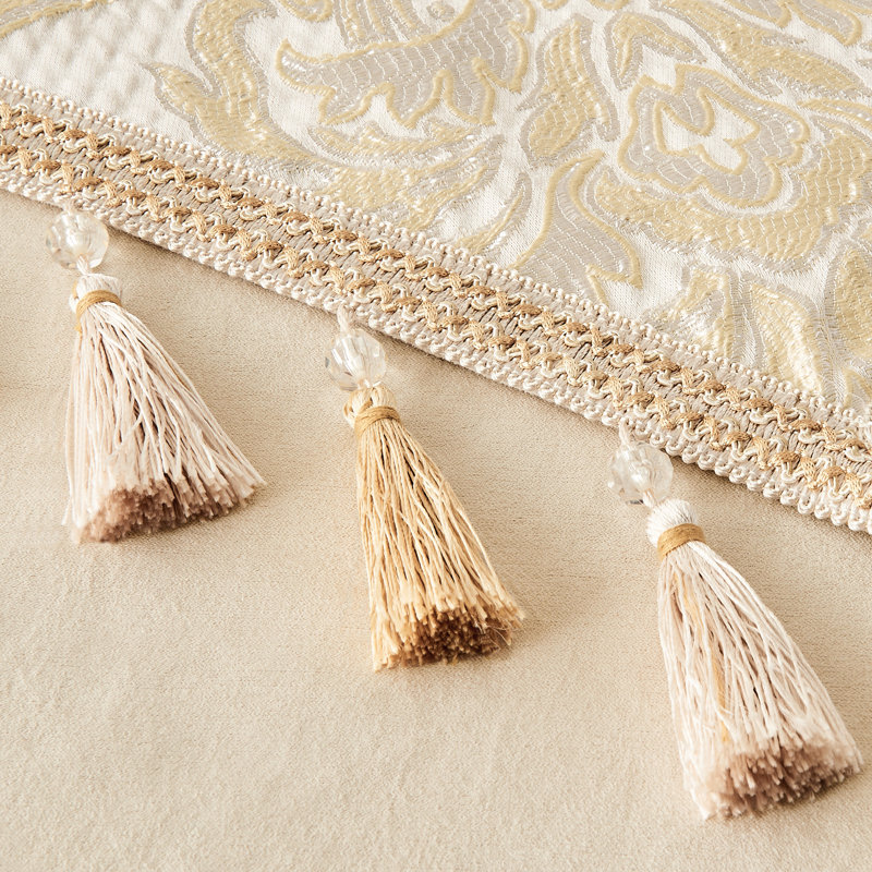White Floral Table Runner, Jacquard Table Runner with Tassels for Dining Room Dresser Party Banquet, 90" L x 13" W