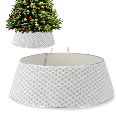 Silver Soft Diamond-Grid Christmas Tree Collar – 33-Inch Stand Base Cover with 2 Matching Clips, Elegant Holiday Skirt for Home Décor, Size 65x85x25cm