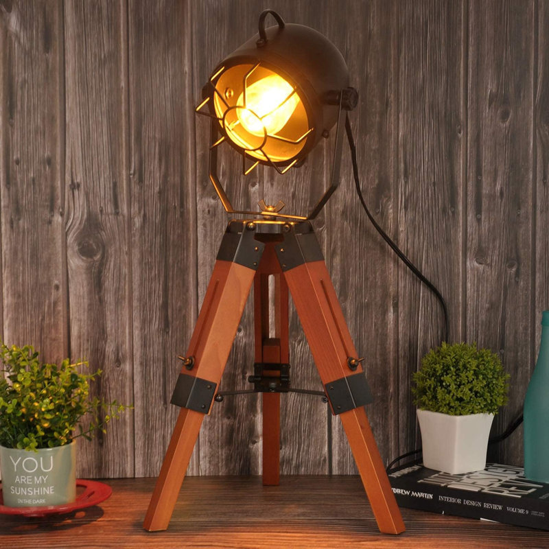 Lampe de table moderne trépied en bois noir 24 "avec interrupteur au pied