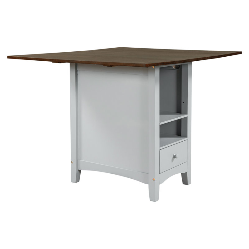 Table de salle à manger à hauteur de comptoir en bois 35,4 po avec abattant et 2 tiroirs, Cerise, Gris