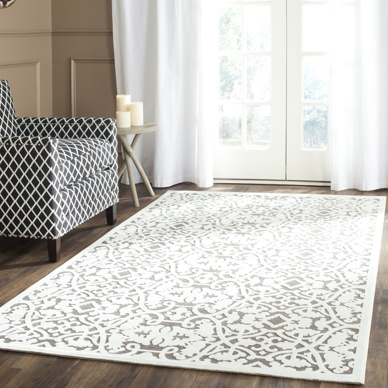 Ivory and Dark Grey 8' x 10' Damask Wool Viscose Rug