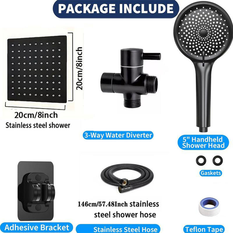 Pomme de douche noire avec douchette à main haute pression 8 pouces, Noir