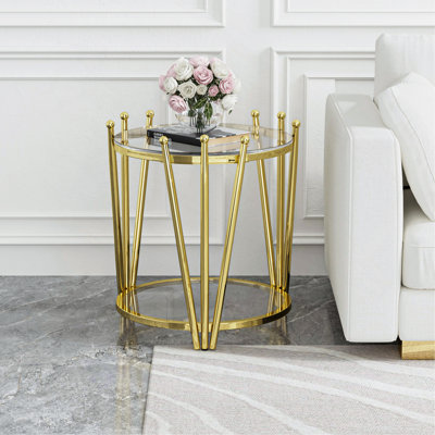 Table de bout de luxe moderne dorée 19,69 pouces pour le salon, conception de couronnes en acier inoxydable, table d'appoint ronde en verre trempé transparent de 8 mm