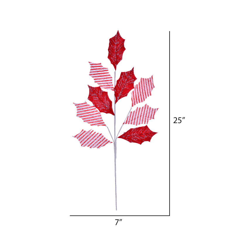 Tige de Noël en forme de feuille de houx artificielle à rayures rouges et blanches de 25 po Primrue, 5 par sac