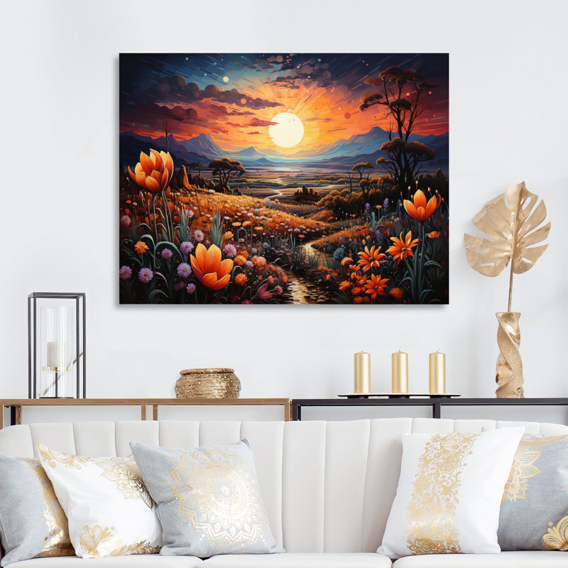"Western Desert Flowers Pointillism", reproduction d'art sur toile, H 34 po x l 44 po x P 1,5 po, Toile tendue