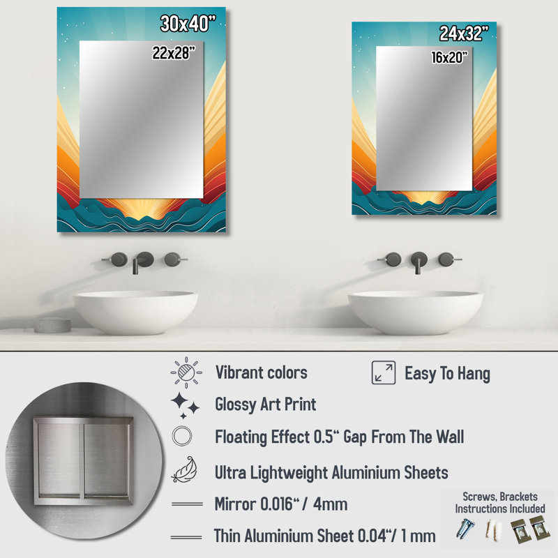 Bold Graphic Sunset in Teal and Orange - Teal Wall Mirror Decor, 32 po x 24 po