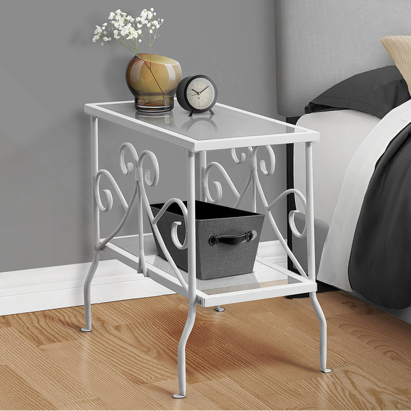 Table d'appoint, table d'appoint, table de bout, table de chevet, lampe, verre trempé transparent, métal blanc, traditionnel