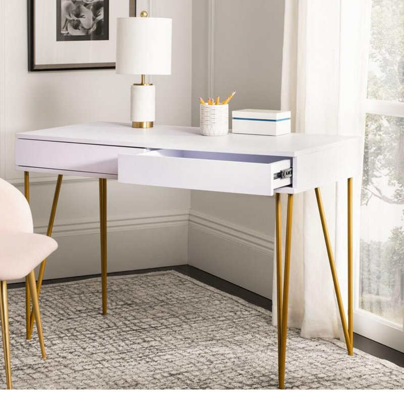Amelda Metal Base Writing Desk, White/Gold