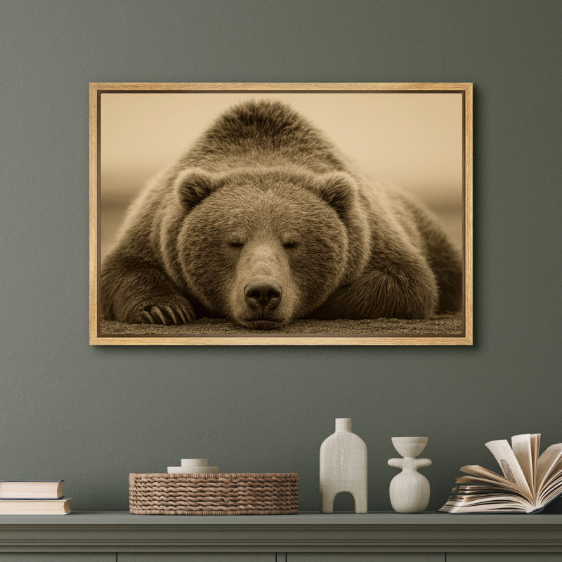 Sleeping Brown Bear Sepia Wildlife Rustic Lodge Decor – Pictures Framed Canvas Print Wall Art, Natural Floater Framed