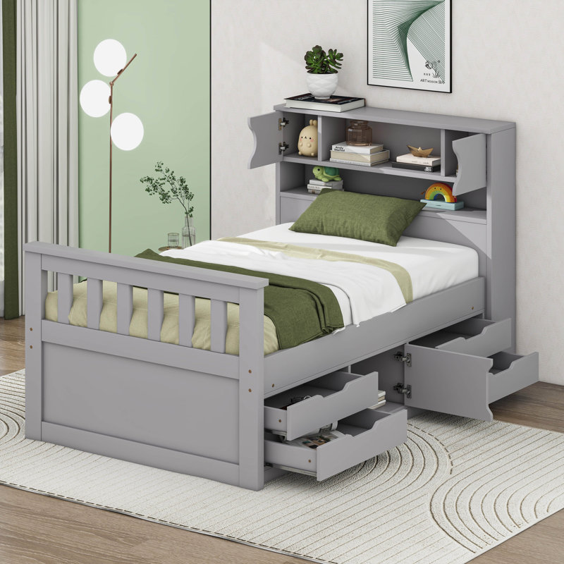 Lit capitaine simple avec tête de lit bibliothèque, 4 tiroirs, tablettes de rangement et porte