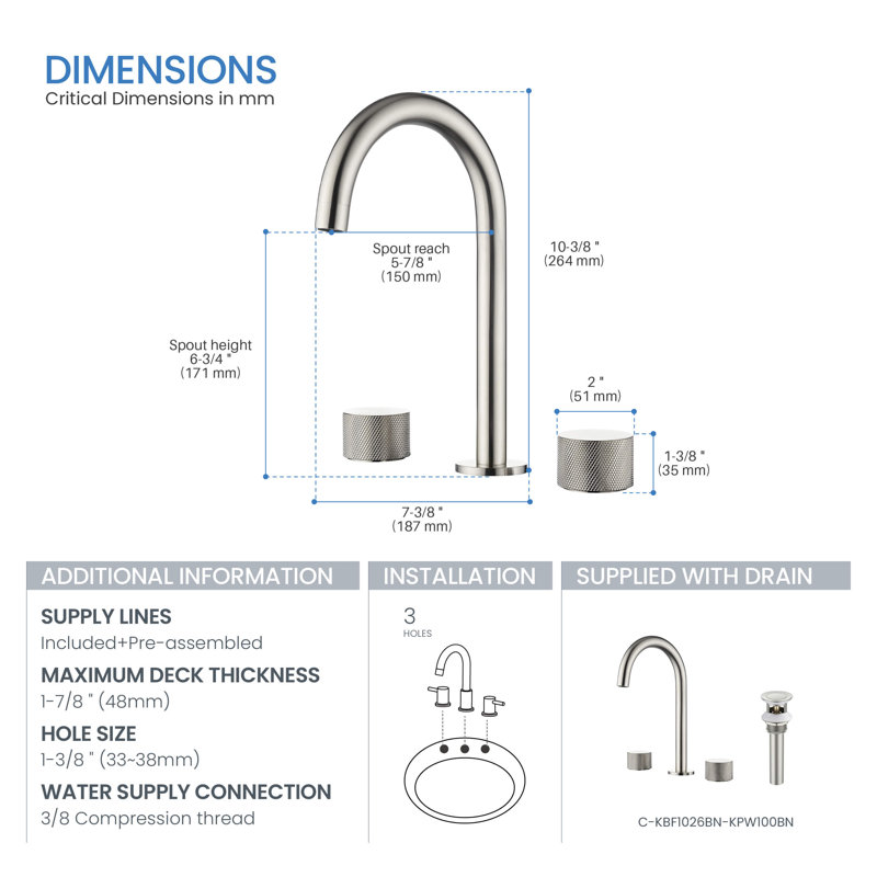 Robinet de salle de bain circulaire encastré à 3 trous et 2 poignées avec ensemble de drain circulaire X, Nickel brossé