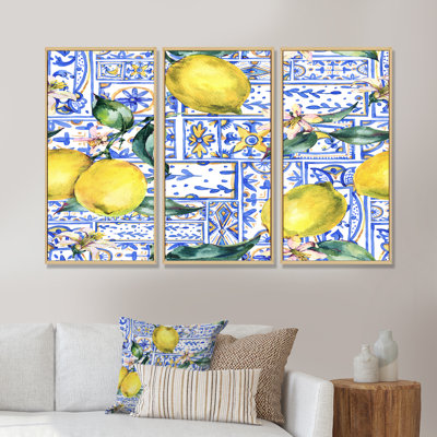 Ornement en forme de citron sur un motif géométrique bleu - impression sur toile flottante 3 pièces