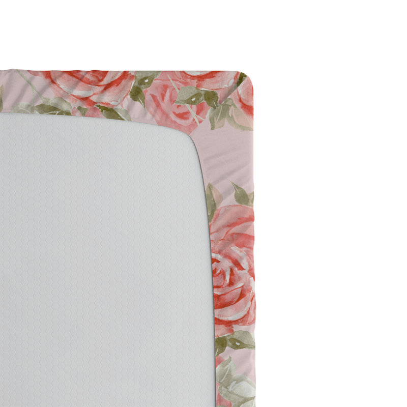 Drap-housse Ambesonne, Drap-housse très grand californien, Corail, vert paon, rosé / floral