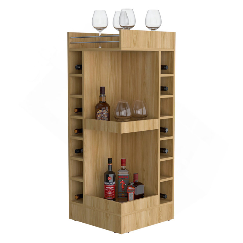 Corner Bar Cabinet With Wine Rack And Open Shelf, Natural Wood