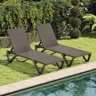 Set Of 2 Pool Lounge Chairs, Adjustable Outdoor Chaise Lounge With Wheels