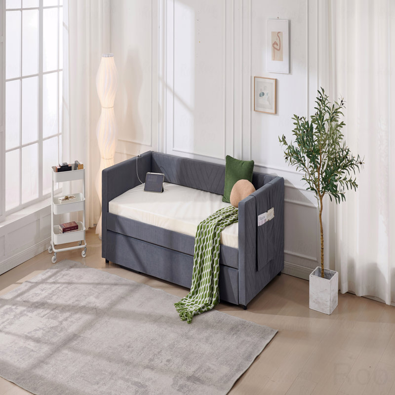 Upholstered Trundle Daybed, Twin Size,USB Port,Side Pockets, Modern V-Grained Backrest Design,No Box Spring Needed, Gray