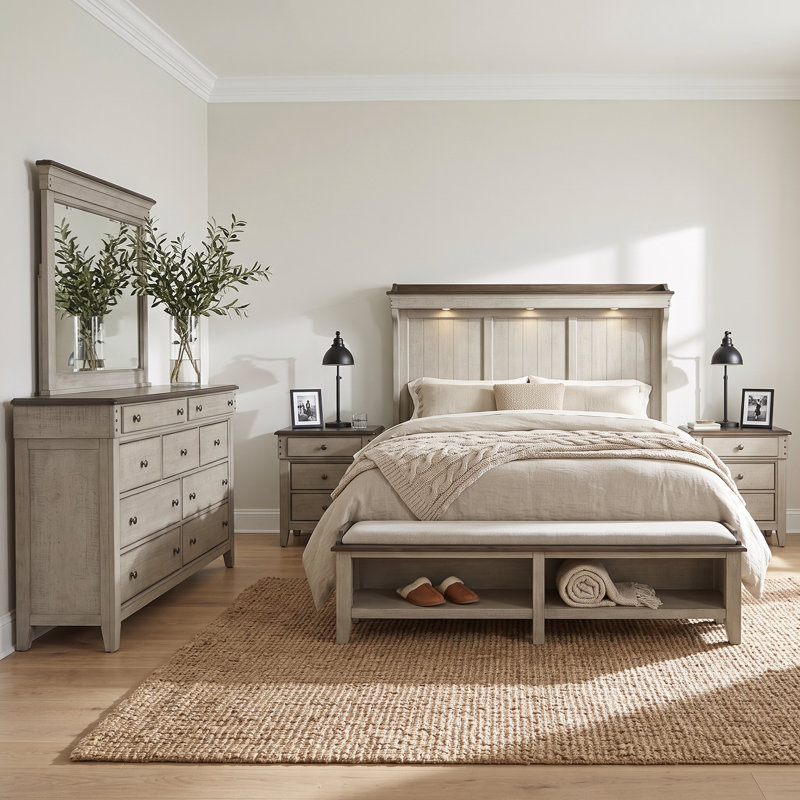 Ensemble de chambre à coucher Cathleen 5 pièces, 5 Pcs: Bed, Dresser, Mirror, 2 Nightstands, Très grand californien