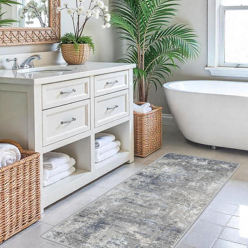 Washable Kitchen Rug - Non Slip Stain Resistant Low-Pile Thin Wide Carpet for Entryway Hallway Bathroom Bedside,Modern Neutral Abstract(Blue Grey)