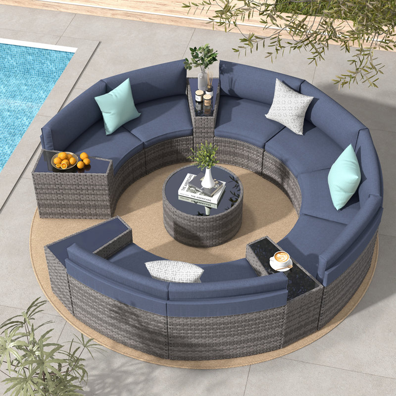 Varina 13 Piece 8 Person Outdoor Wicker Conversation Set With Cushions & Toss Pillow, Gray Frame/Navy Cushion