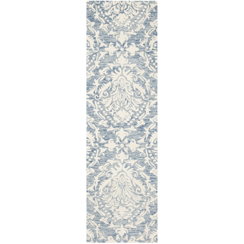 Tapis bleu / ivoire en laine touffeté à la main Ferrera, Tapis de couloir 2 pi 3 po x 8 pi
