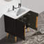 Meuble-lavabo autoportant de 30 po avec lavabo et rangement latéral, noir brossé, esthétique en noyer rayé, bords arrondis, mécanisme de fermeture en douceur, tablettes réglables, design moderne fonctionnel