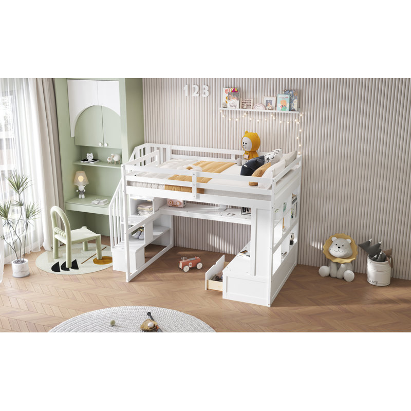 Lit mezzanine double avec bureau et tablettes, deux tiroirs intégrés, escalier de rangement, blanc, Blanc