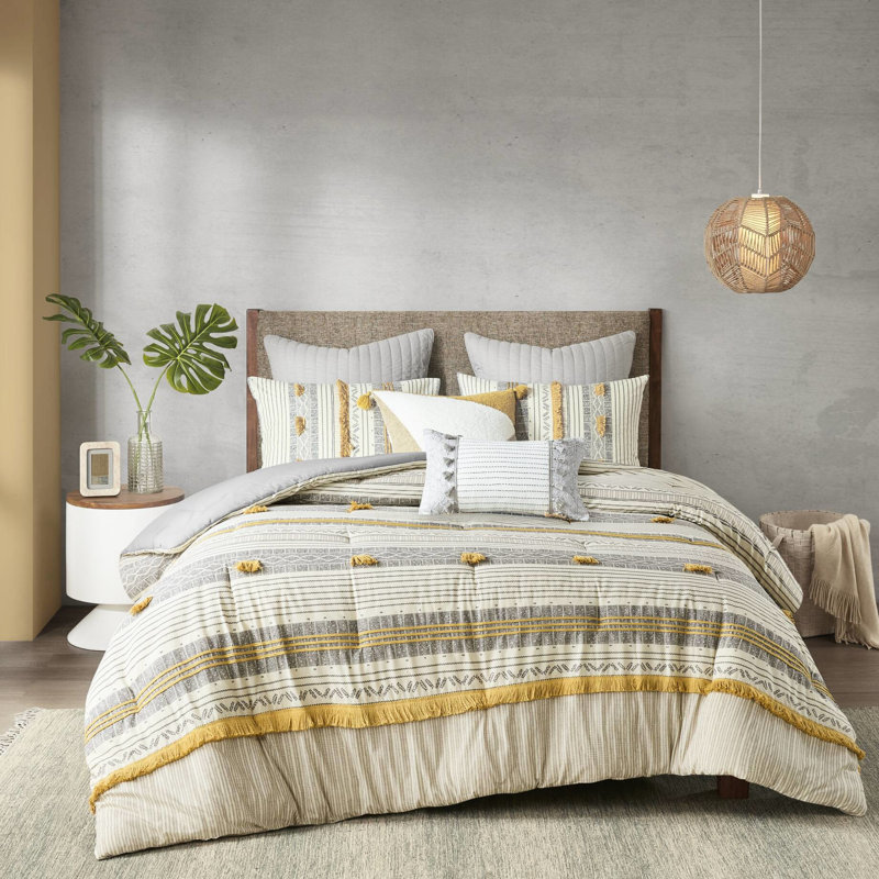 3 Piece Cotton Comforter Full/queen Gray/yellow, Stripe Design With , Fill, , Enticing Bedding Gray/yellow Full/queen, Striped And Trims, Filling, Blissful Sleep
