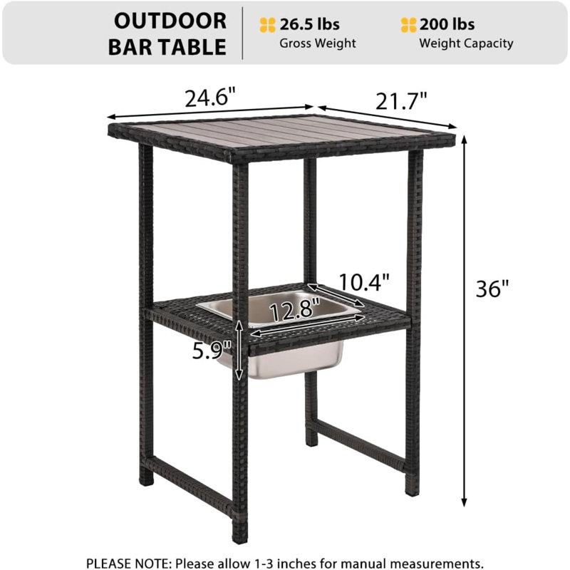 Wicker Table With Ice Bucket  Patio High Top Rattan Pub Table  Outside Tall Dining Table For Outside Deck Porch Balcony Poolside