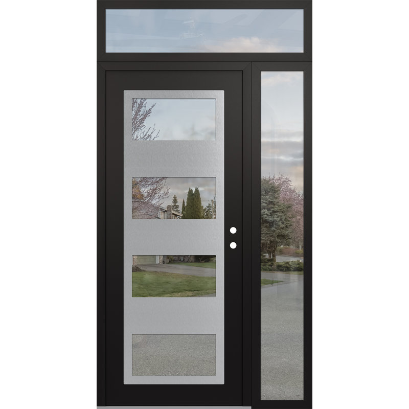 Panneau d'entrée en acier argenté noir / noir avec porte latérale avant et traverse, H 95,69 po x l 49,25 po, Clair, Gauche