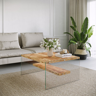 Modern Coffee Table, Oak Color, 29.5 x 15.7 x 29.5 Inches | 100% Pine Solid Wood Top & 100% Tempered Glass Legs | Eco-Friendly Design, Sleek Scandinavian Style | Assembly Required, Max Weight Capacity: 66.1 lbs