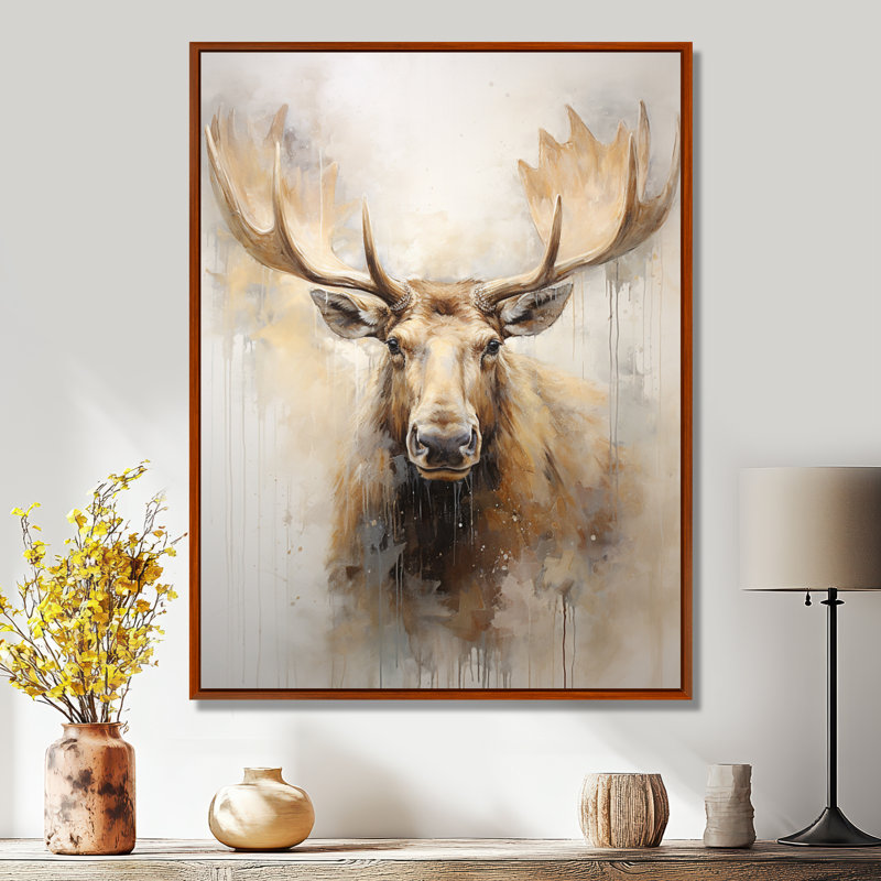 Portrait d'un orignal beige et doré - impressions sur toile, H 44 po x l 34 po x P 1,5 po, Cadre flottant brun