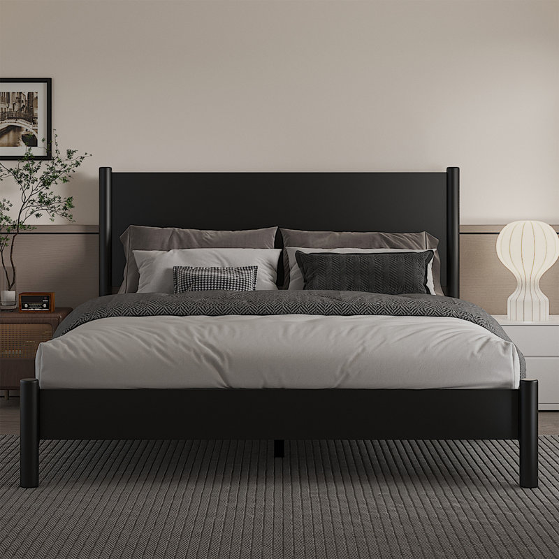 Queen Platform Bed with Headboard, Wooden Slats Support, 7.3-inch Underbed Space, Noise-Free Design, Easy Assembly, Black