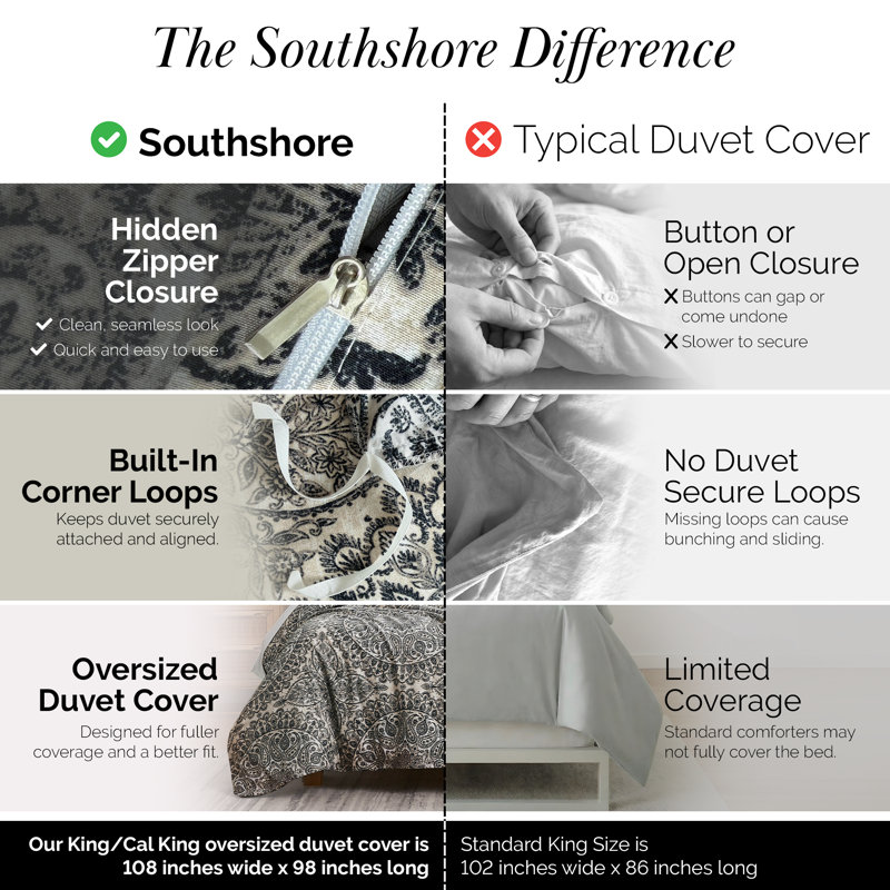 Ashanti Oversized Duvet Cover Set by Southshore Fine Linens, King Duvet Cover + 2 King Shams, Gray