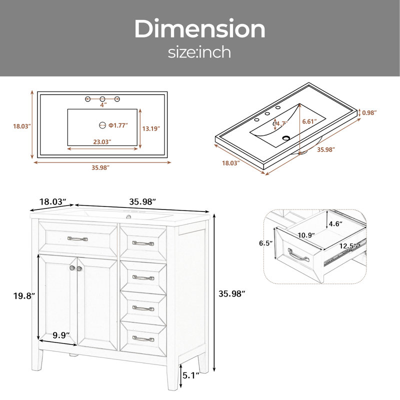 Meuble-lavabo simple 35,98 po avec plateau en céramique Paycee, Blanc