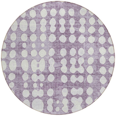 8' Purple And Ivory Round Abstract Washable Indoor Outdoor Area Rug