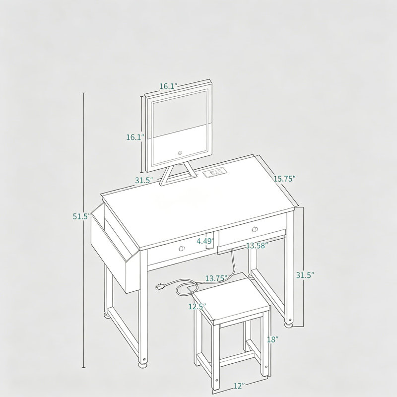 32 Inch Small Makeup Vanity Desk With Fabric Drawers, White Dressing Table With LED Mirror And Light, Vanity Set With Stool And Power Outlet For Bedroom