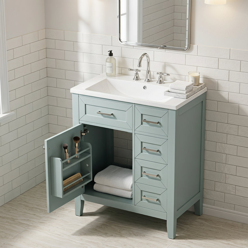Ensemble de meuble-lavabo 30 po avec lavabo vert; Armoire de salle de bain à tiroir; Structure solide avec panneau de fibres à densité moyenne