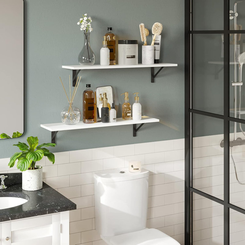 Large Wall Mounted Shelves Set Of 2 - Sturdy Metal Brackets, Easy-To-Install Floating Display Ledges For Living Room, Bathroom, Bedroom, Kitchen, Laundry Room