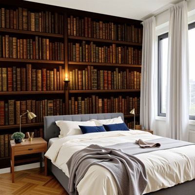 Peel and Stick Wallpaper Grand Library Bookshelves Vintage Leather Bound Books Warm Ambient Wall Murals 100"H x 144"W Removable PVC Wall Paper Self-Adhesive Wall Paintings Art Decor for Bedroom Living Room