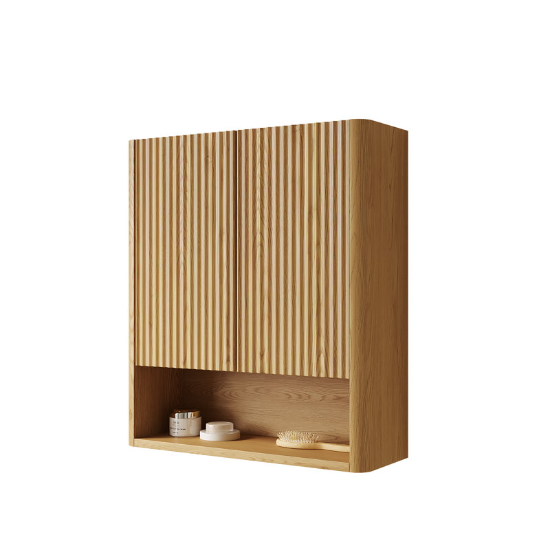 26" Wall-Mounted Striped Bathroom Cabinet with Doors & Open Shelf, Golden Oak