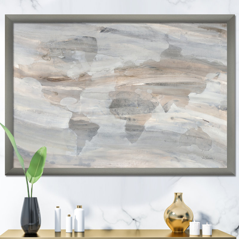 « misty world map », reproduction d’image sur toile, H 20 po x l 20 po x P 1 po, Cadre argenté
