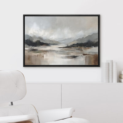 Modern Neutral Misty Mountain Lake Abstract Landscape Framed Canvas Master Bedroom Wall Art Work Print