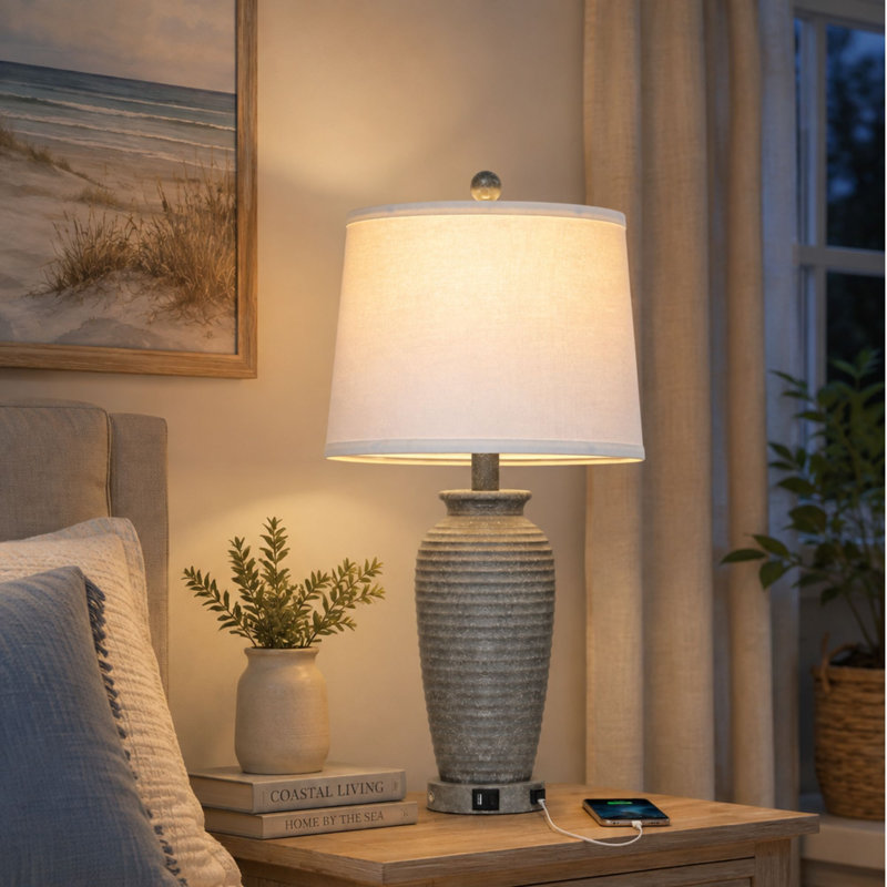 Lampe de chevet de 25 po avec commande tactile à 3 voies, ports de charge USB et Type-C, ampoules incluses, Gris, Blanc